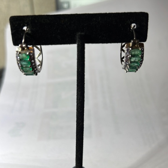 Emerald and diamonds hoop earrings in sterling silver 925 - Picture 1 of 6